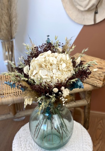 Bouquet de fleurs séchées rond hortensia ivoire Sacha